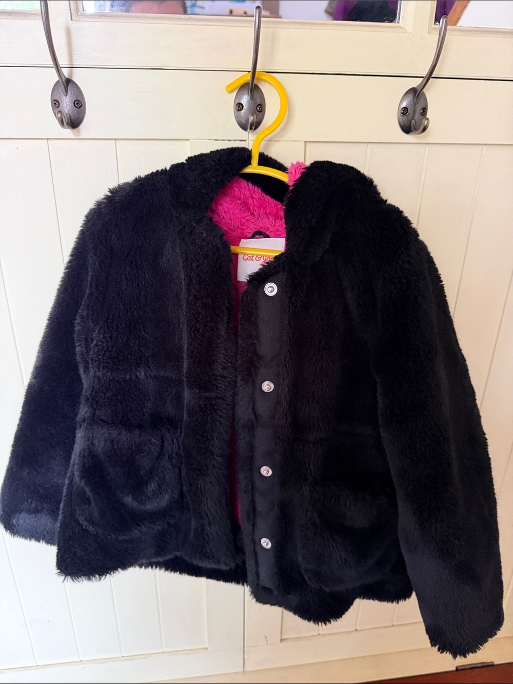 Cat & Jack Black Faux Fur hooded Jacket with Pink Lining